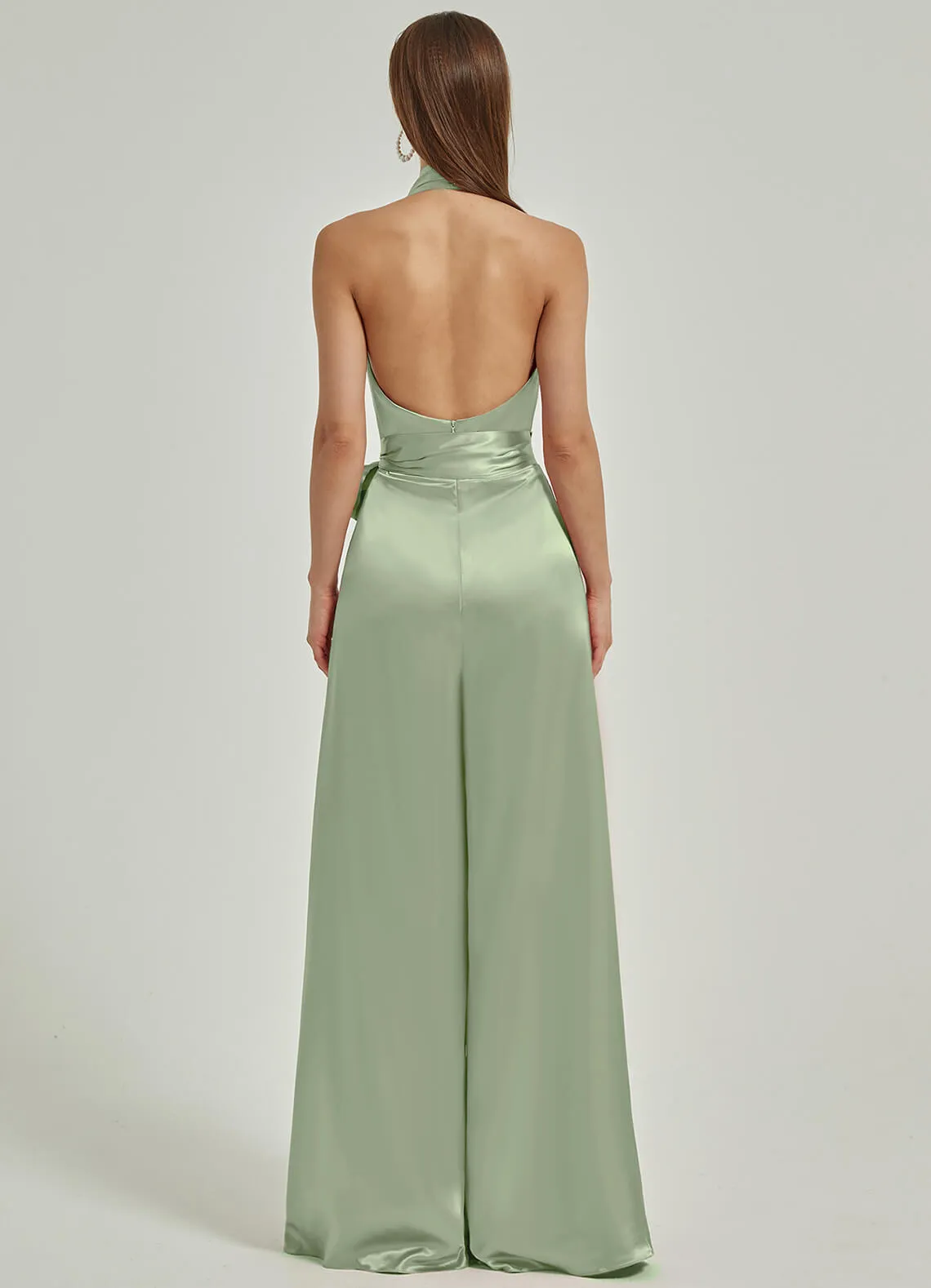 [Final Sale] Sage Green Satin Crisscross Halter Backless Wide Leg Jumpsuits Romper