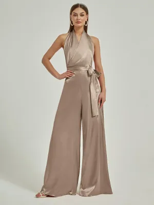[Final Sale] Taupe Satin Crisscross Halter Backless Wide Leg Jumpsuits Romper