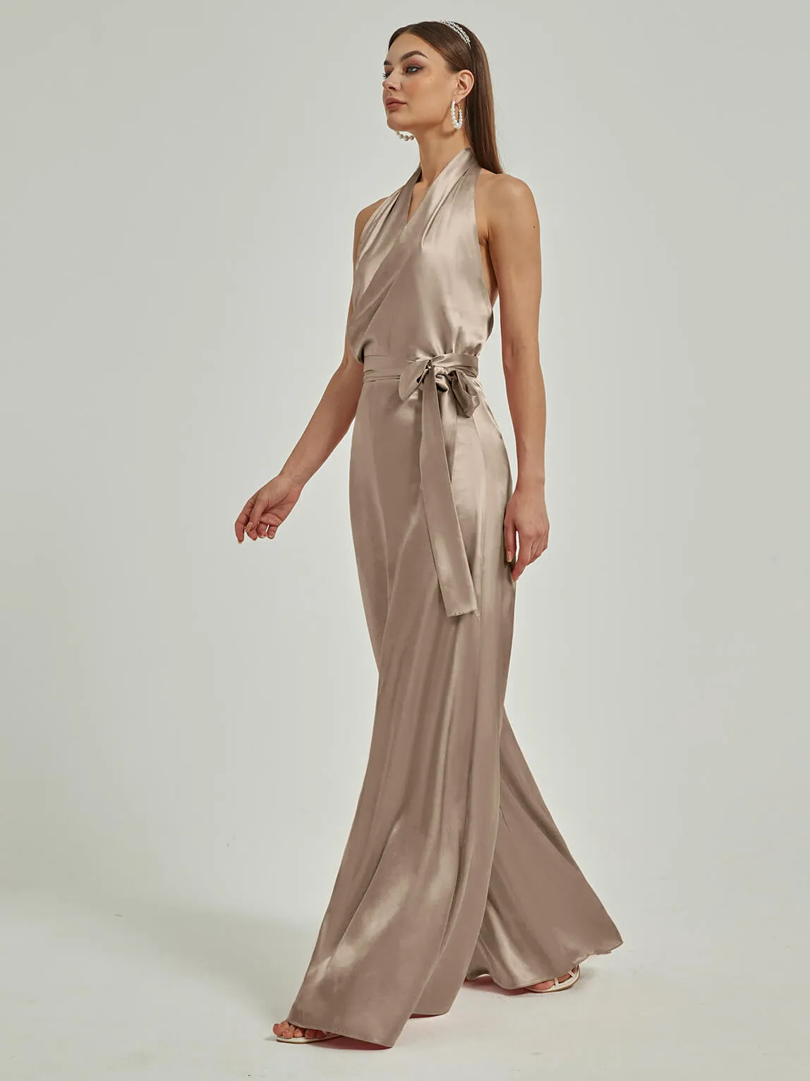 [Final Sale] Taupe Satin Crisscross Halter Backless Wide Leg Jumpsuits Romper