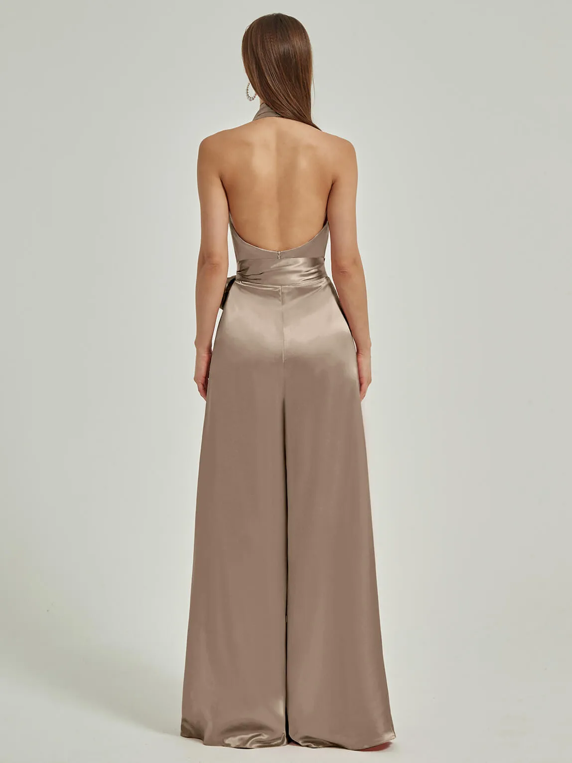 [Final Sale] Taupe Satin Crisscross Halter Backless Wide Leg Jumpsuits Romper