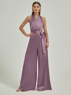 [Final Sale] Wisteria Satin Crisscross Halter Backless Wide Leg Jumpsuits Romper