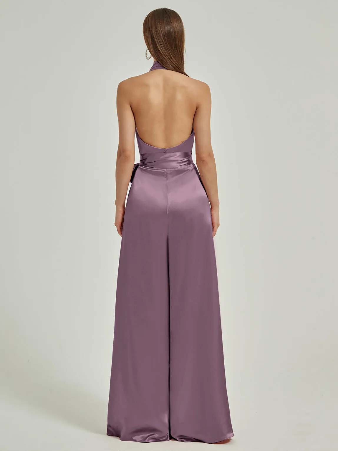 [Final Sale] Wisteria Satin Crisscross Halter Backless Wide Leg Jumpsuits Romper