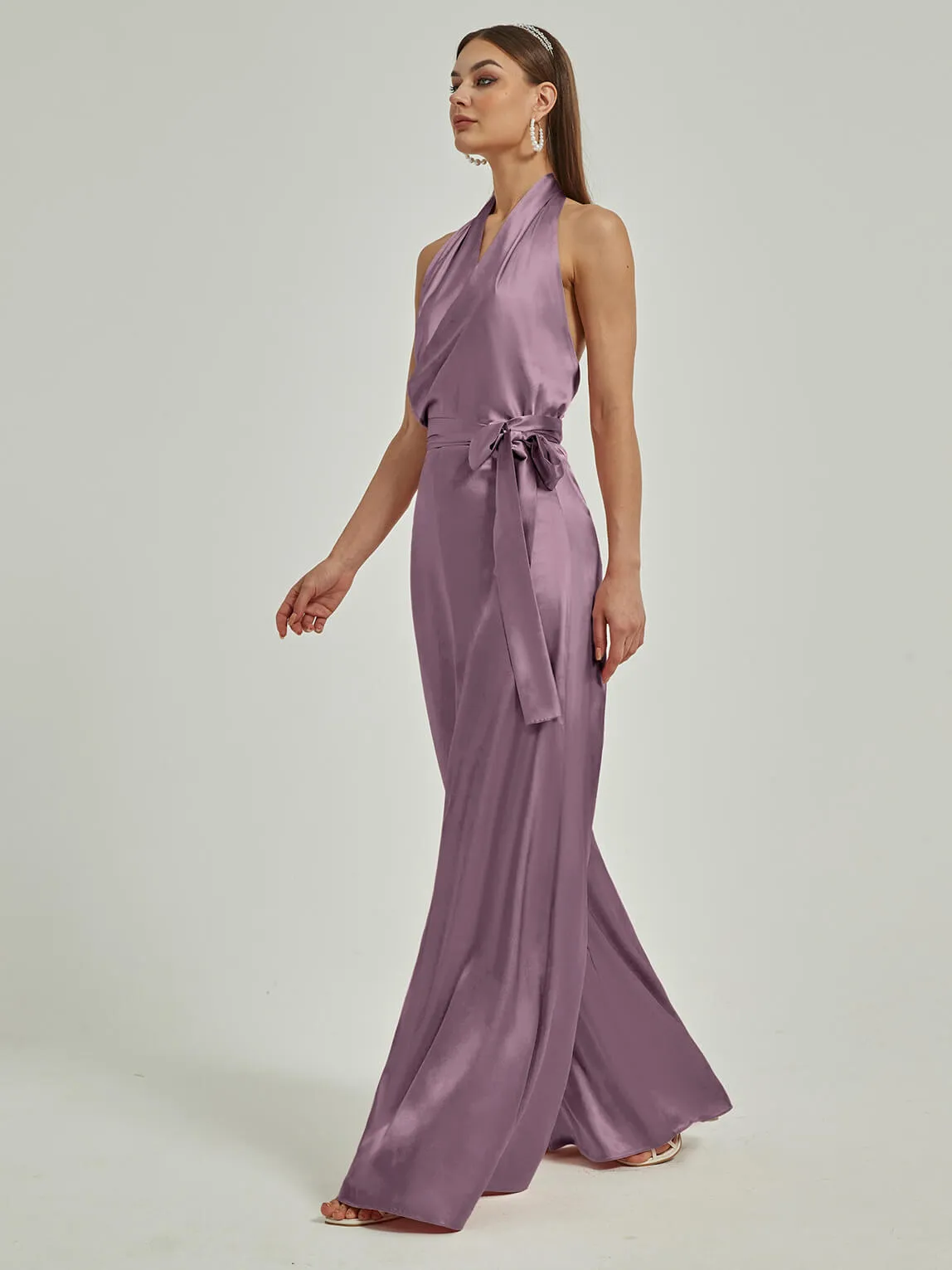 [Final Sale] Wisteria Satin Crisscross Halter Backless Wide Leg Jumpsuits Romper