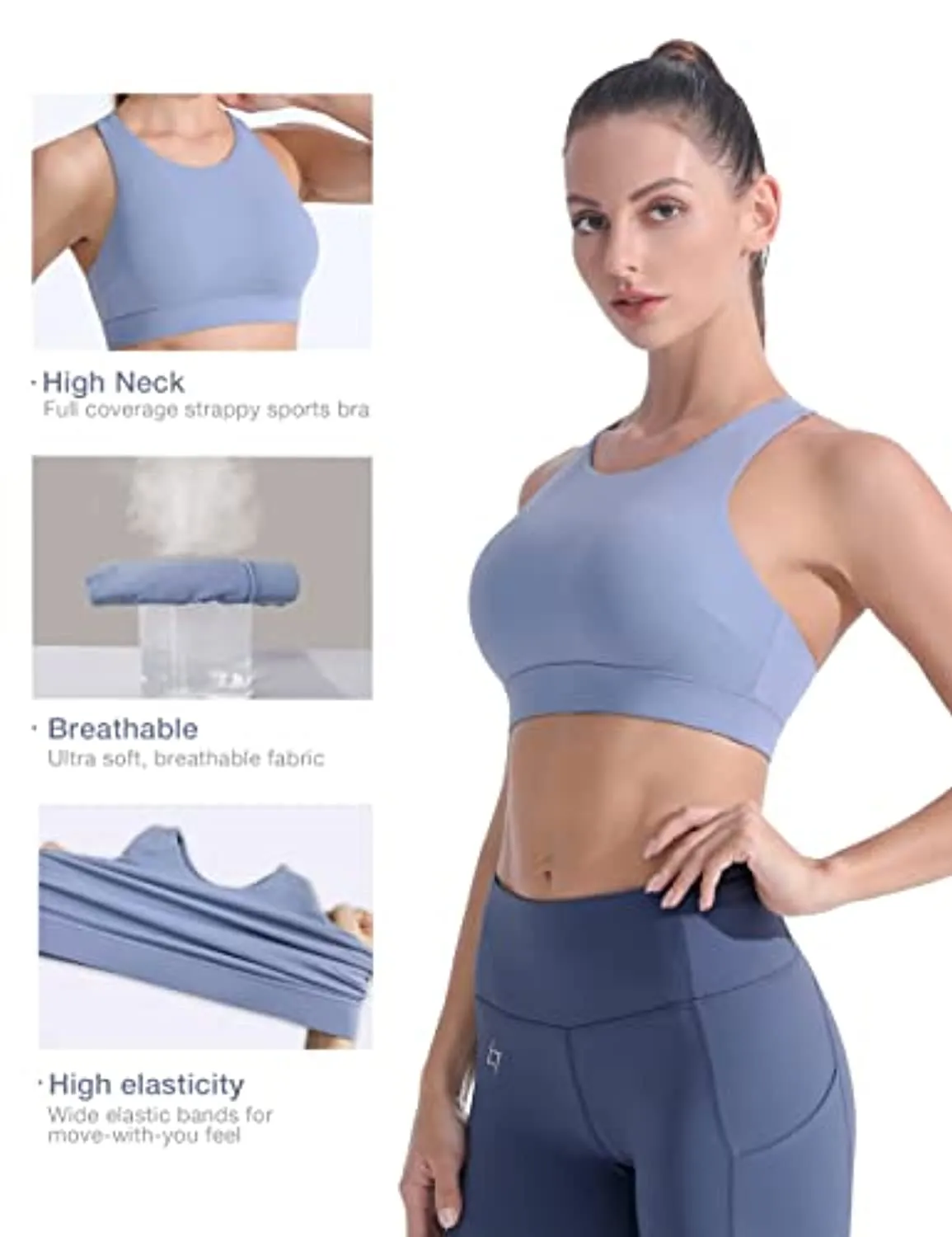 FITTIN High Neck Sports Bra for Women - Full Coverage Strappy Workout Activewear Bras Medium Impact Padded Women's Gym Tops