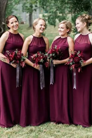 Floor Length Sleeveless Chiffon Bridesmaid Dresses, A Line Red Long Bridesmaid Dresses UQ2462