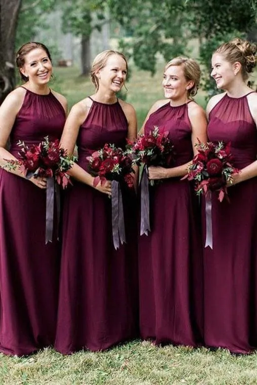 Floor Length Sleeveless Chiffon Bridesmaid Dresses, A Line Red Long Bridesmaid Dresses UQ2462