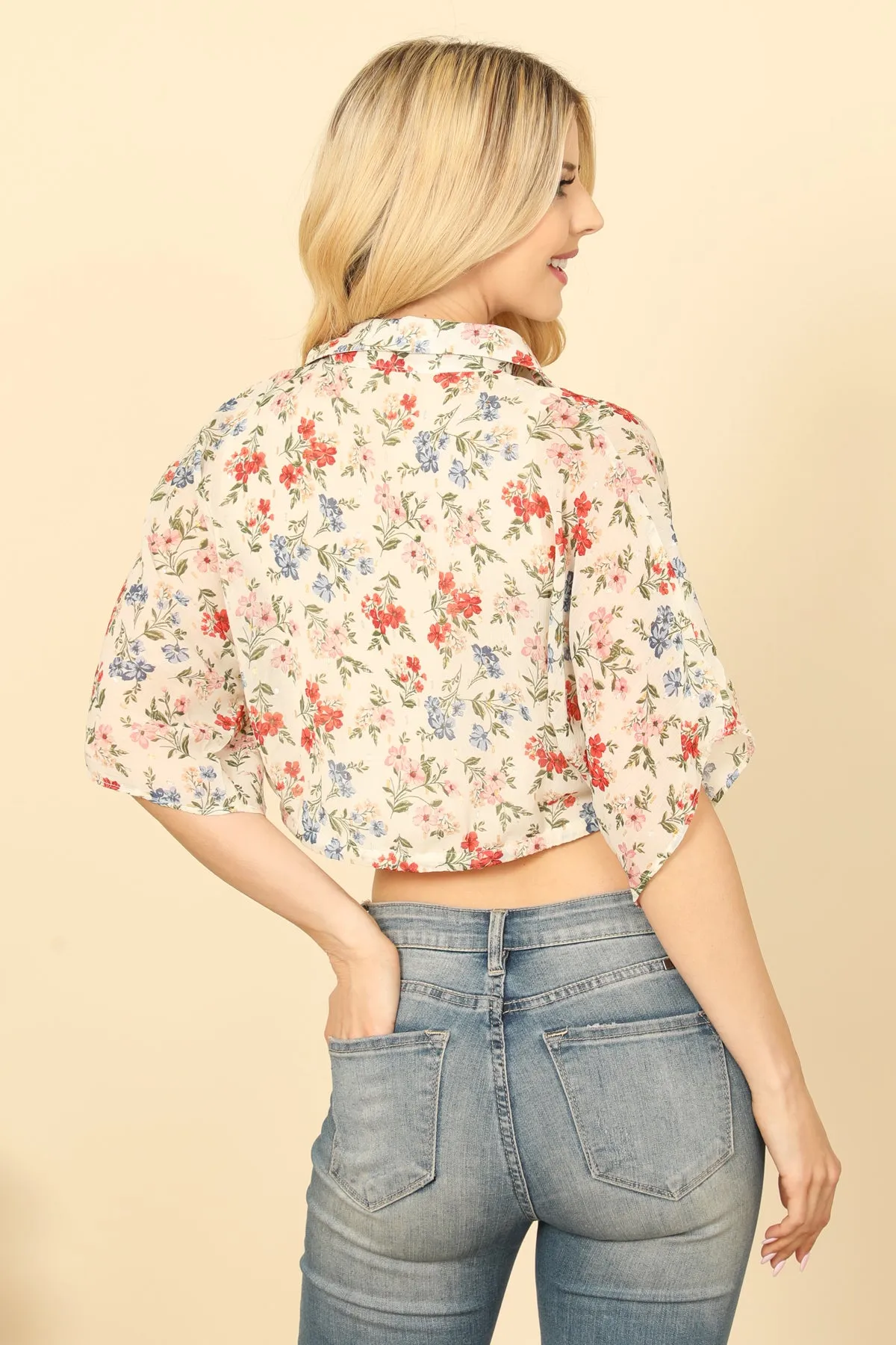 FLORAL HALF SLEEVE COLLARED WAIST TIE CROP TOP