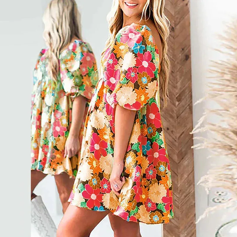 Floral New Casual High Waist Pleated Summer Square Dress