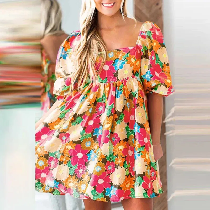 Floral New Casual High Waist Pleated Summer Square Dress
