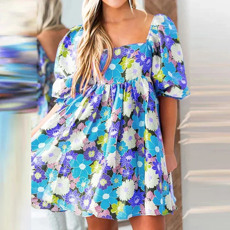 Floral New Casual High Waist Pleated Summer Square Dress