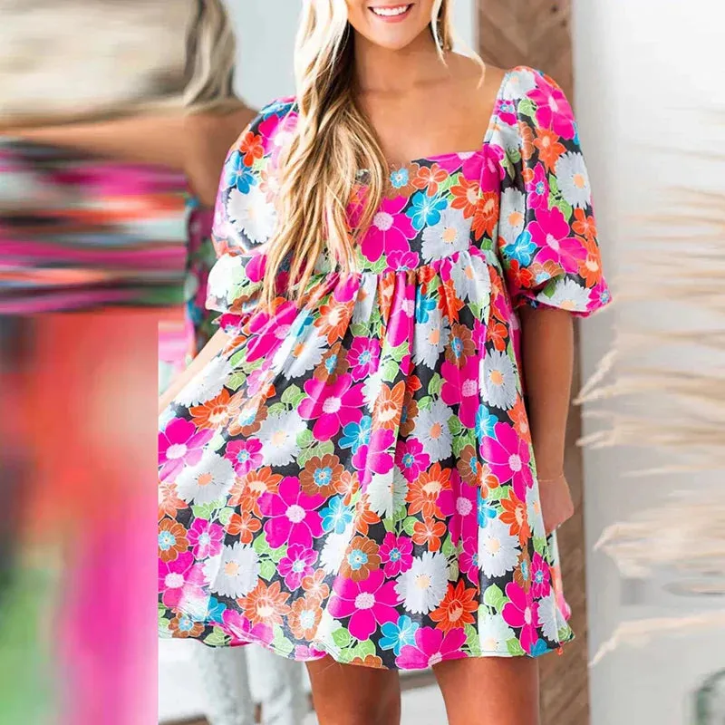 Floral New Casual High Waist Pleated Summer Square Dress