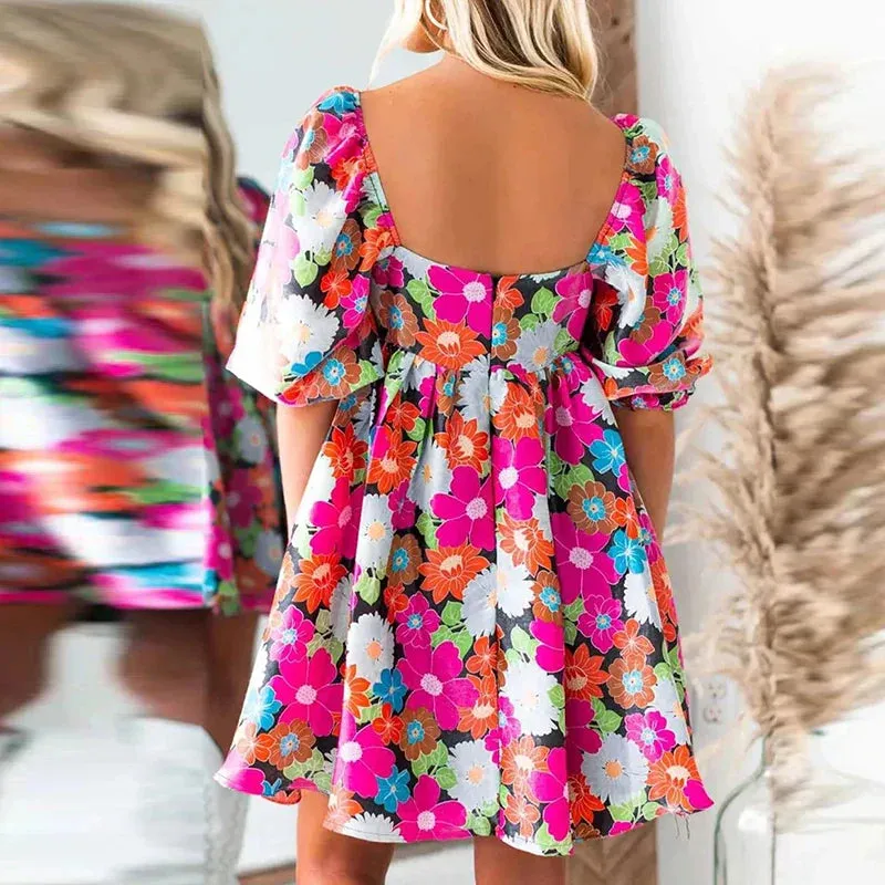 Floral New Casual High Waist Pleated Summer Square Dress
