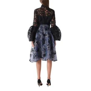 Floral Printed Chiffon Blouse with Bell Sleeve - Black
