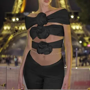 Flower appliqué slash top