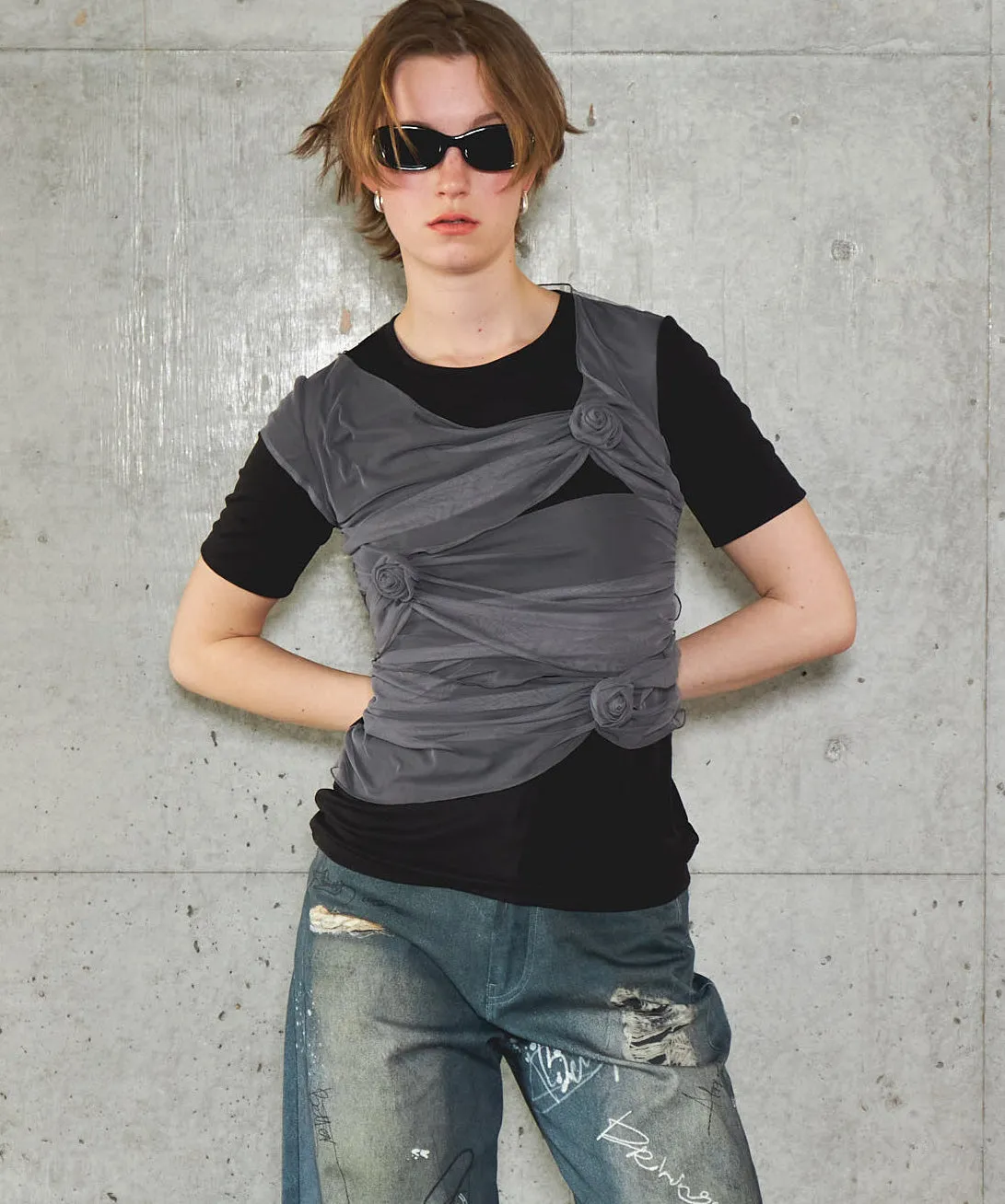 Flower Motif Tulle Layered Tops