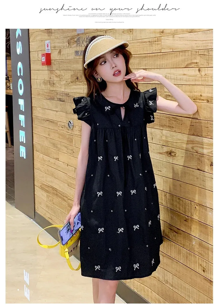Flying Sleeve O-neck Maternity A-Line Dress Black Elegant Pregnat Woman Loose Dress with White Patterns Fashion Pregnancy Dress