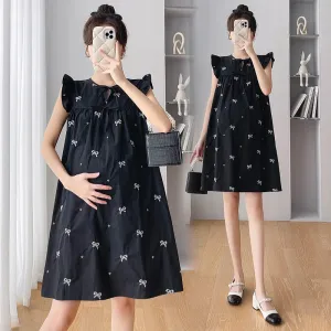 Flying Sleeve O-neck Maternity A-Line Dress Black Elegant Pregnat Woman Loose Dress with White Patterns Fashion Pregnancy Dress