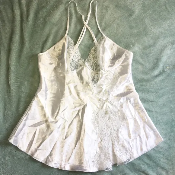 FREDRICK’S OF HOLLYWOOD White Satin Lace Strappy Lingerie Top Womens Size Small