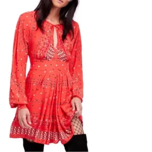 Free People Long Sleeve Coryn Mini Dress Boho Cottagecore Orange Size 2 NWT