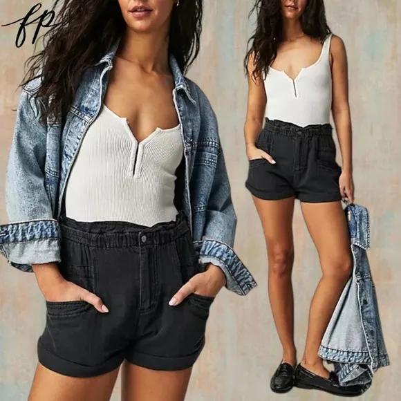 FREE PEOPLE Topanga High-Rise Slouchy Cuff Shorts-Washed Black NWT Size: MD