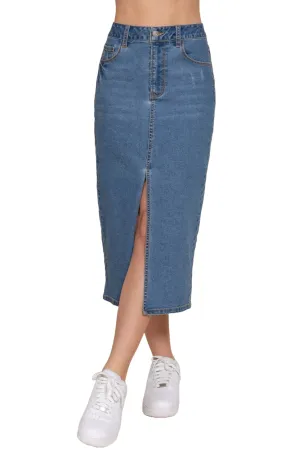 Front Slit Midi Denim Skirt Soft Stretch Fabric Casual Chic ZS13993C28 $12Each