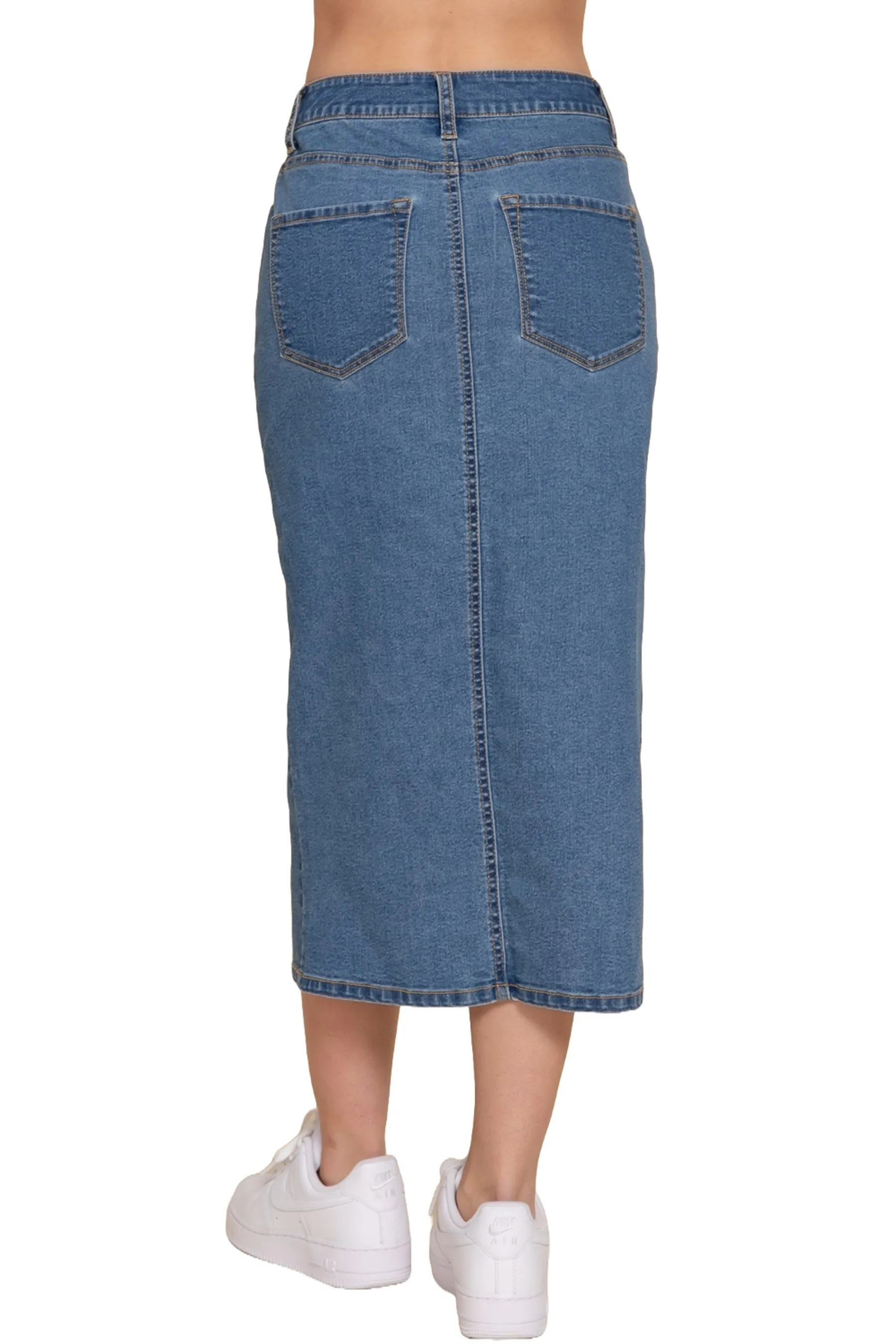 Front Slit Midi Denim Skirt Soft Stretch Fabric Casual Chic ZS13993C28 $12Each
