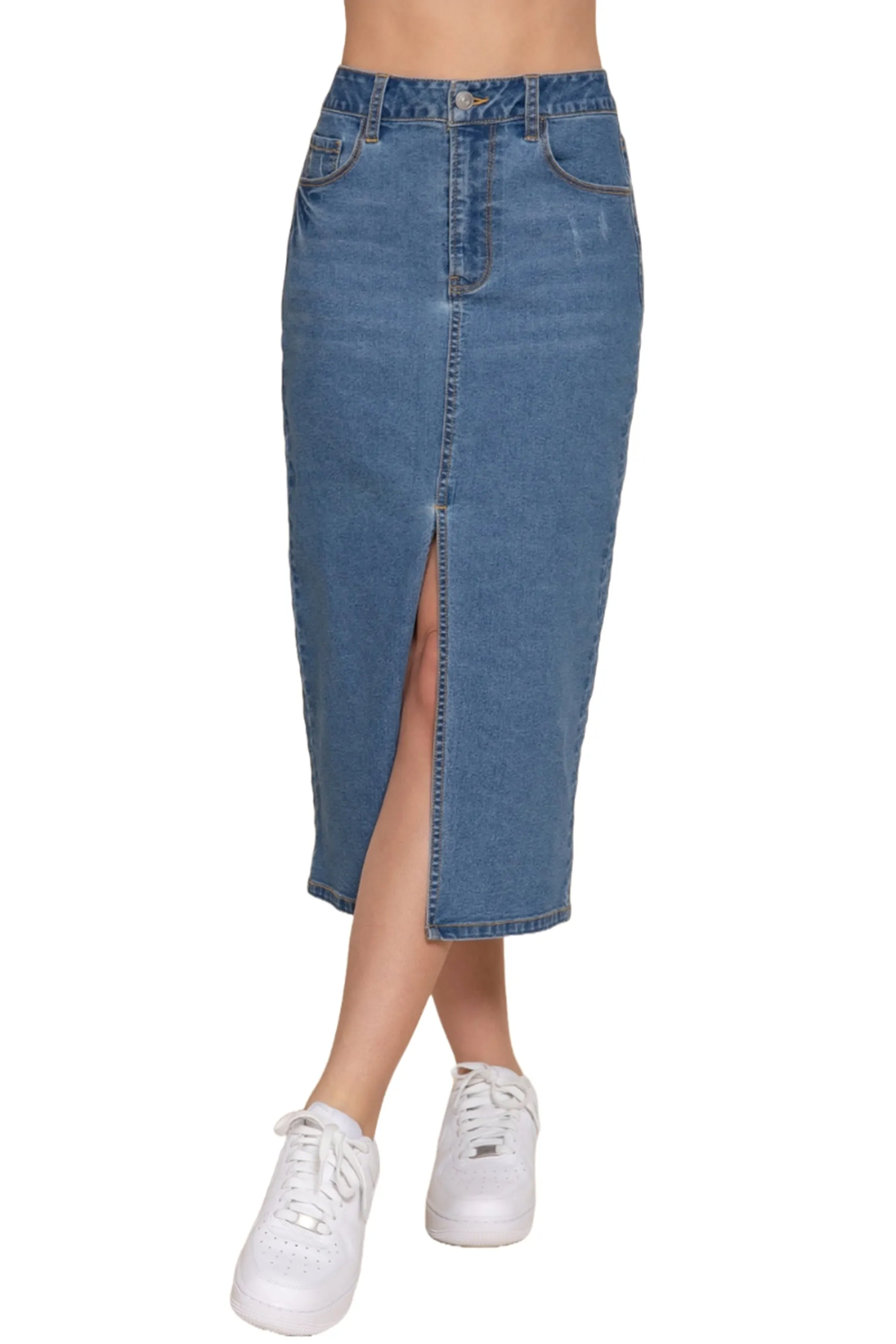 Front Slit Midi Denim Skirt Soft Stretch Fabric Casual Chic ZS13993C28 $12Each