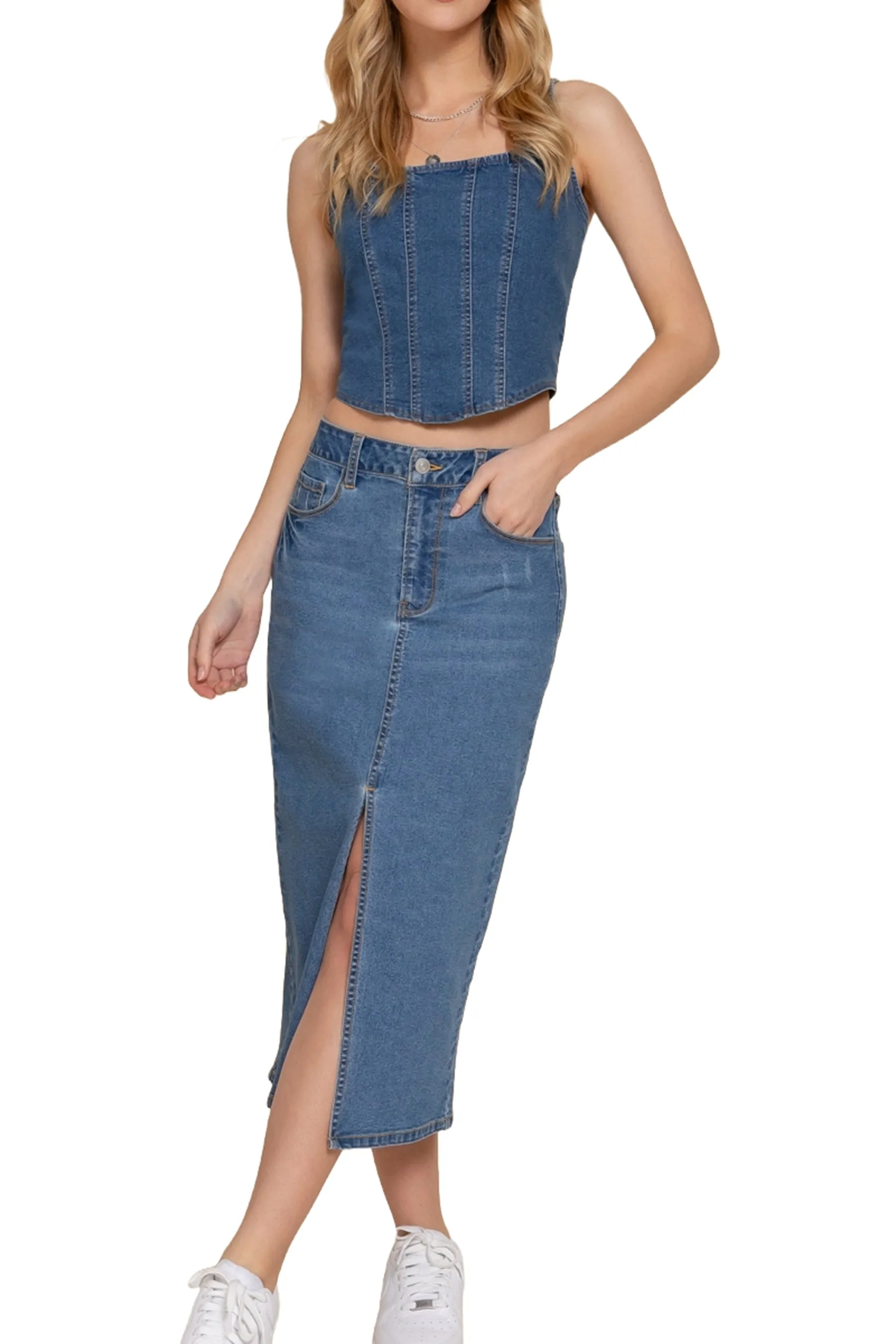 Front Slit Midi Denim Skirt Soft Stretch Fabric Casual Chic ZS13993C28 $12Each