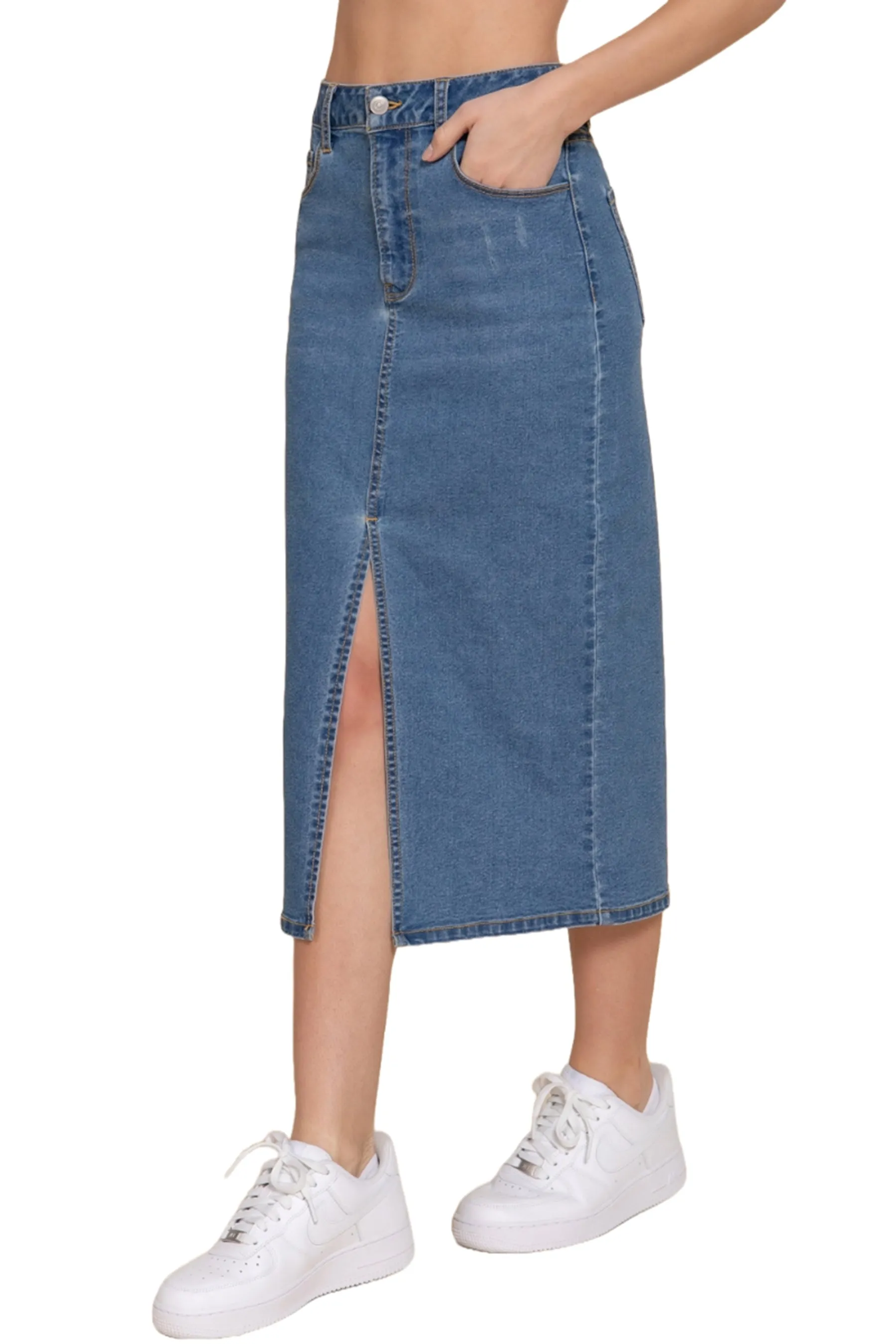 Front Slit Midi Denim Skirt Soft Stretch Fabric Casual Chic ZS13993C28 $12Each
