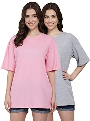 FUNDAY FASHION Cotton Half Sleeve Printed Oversized T-Shirt for Women/Girls (Pack of 2) (Medium, Grey & Pink)