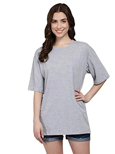 FUNDAY FASHION Cotton Half Sleeve Printed Oversized T-Shirt for Women/Girls (Pack of 2) (Medium, Grey & Pink)