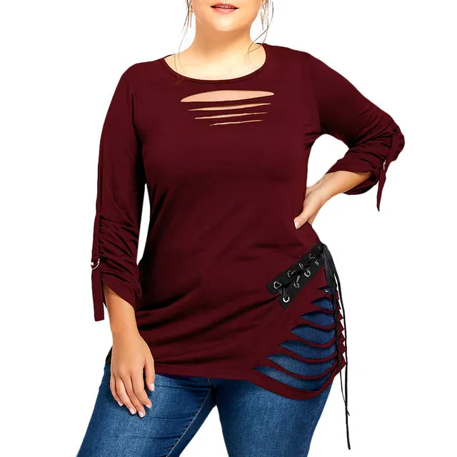 Gamiss Women Autumn T-Shirt Plus Size Lace Up Ripped T-Shirt Fashion Solid Color Round Neck Long Tops Casual Pullovers Femme 5XL