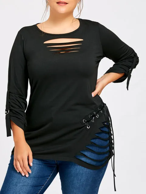 Gamiss Women Autumn T-Shirt Plus Size Lace Up Ripped T-Shirt Fashion Solid Color Round Neck Long Tops Casual Pullovers Femme 5XL