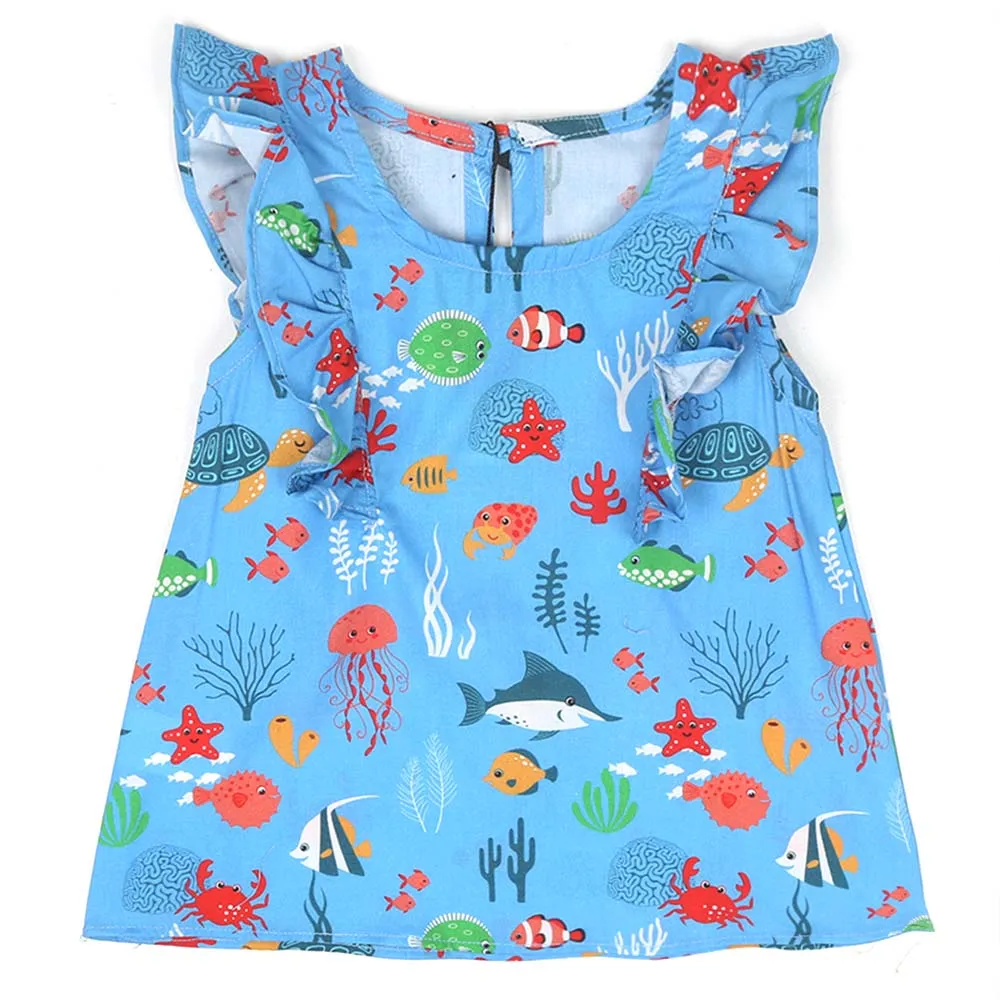 Girls Digital Print Casual Top Sea Animals - Blue | Bachaa Party Baby Clothes Girls Tops & T-Shirts