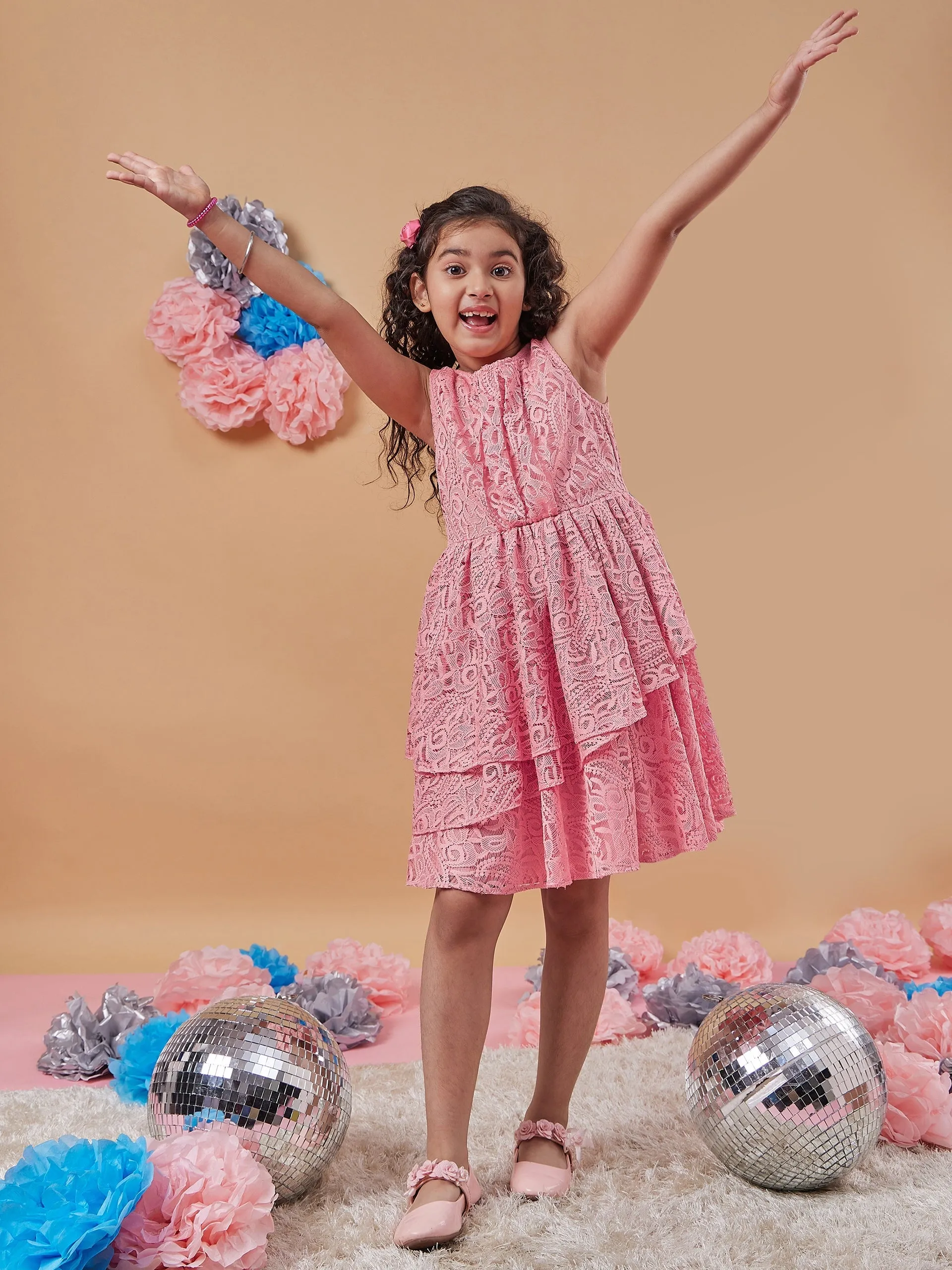 Girls Self Design Round Neck A-Line Dress