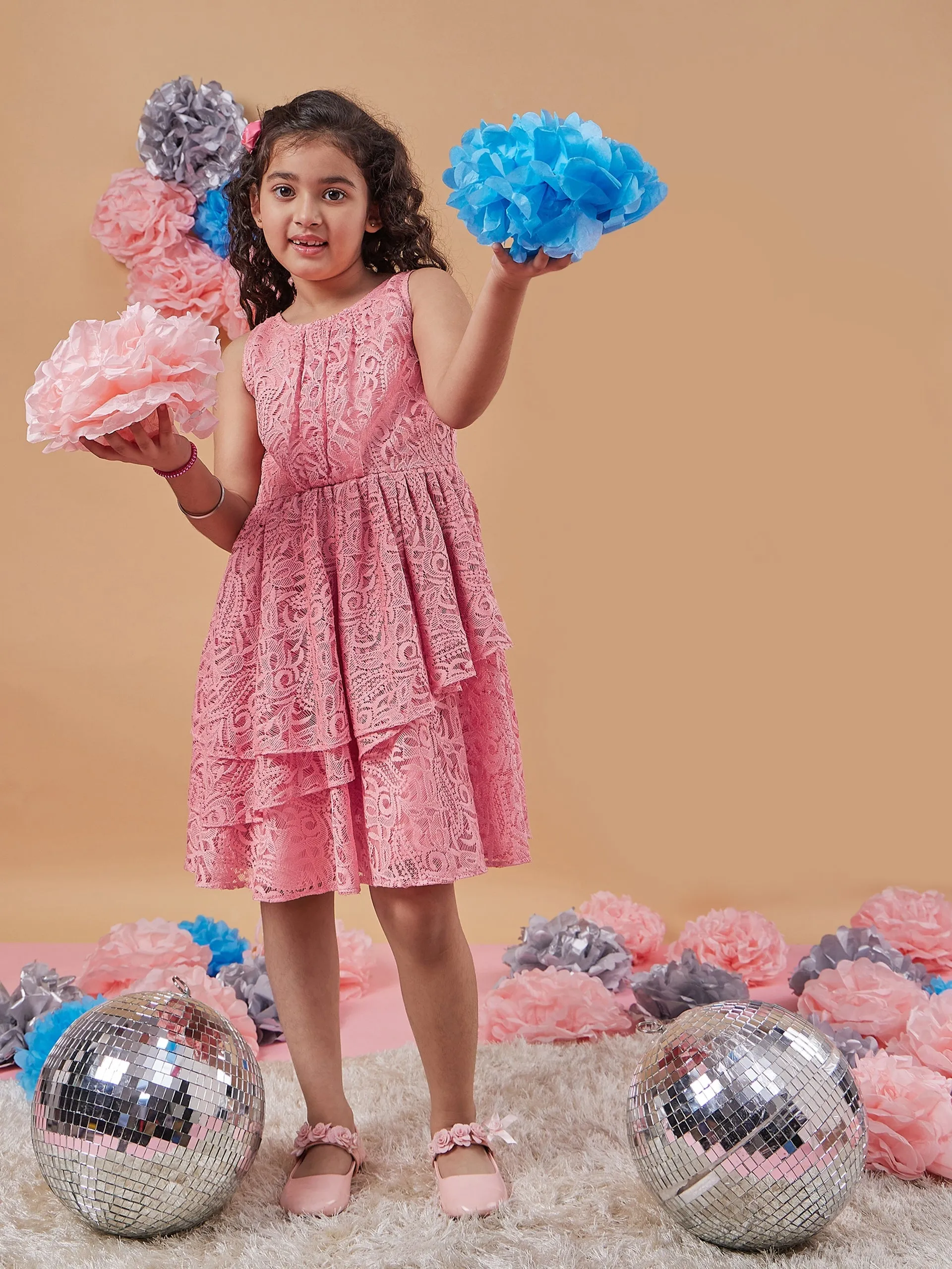 Girls Self Design Round Neck A-Line Dress