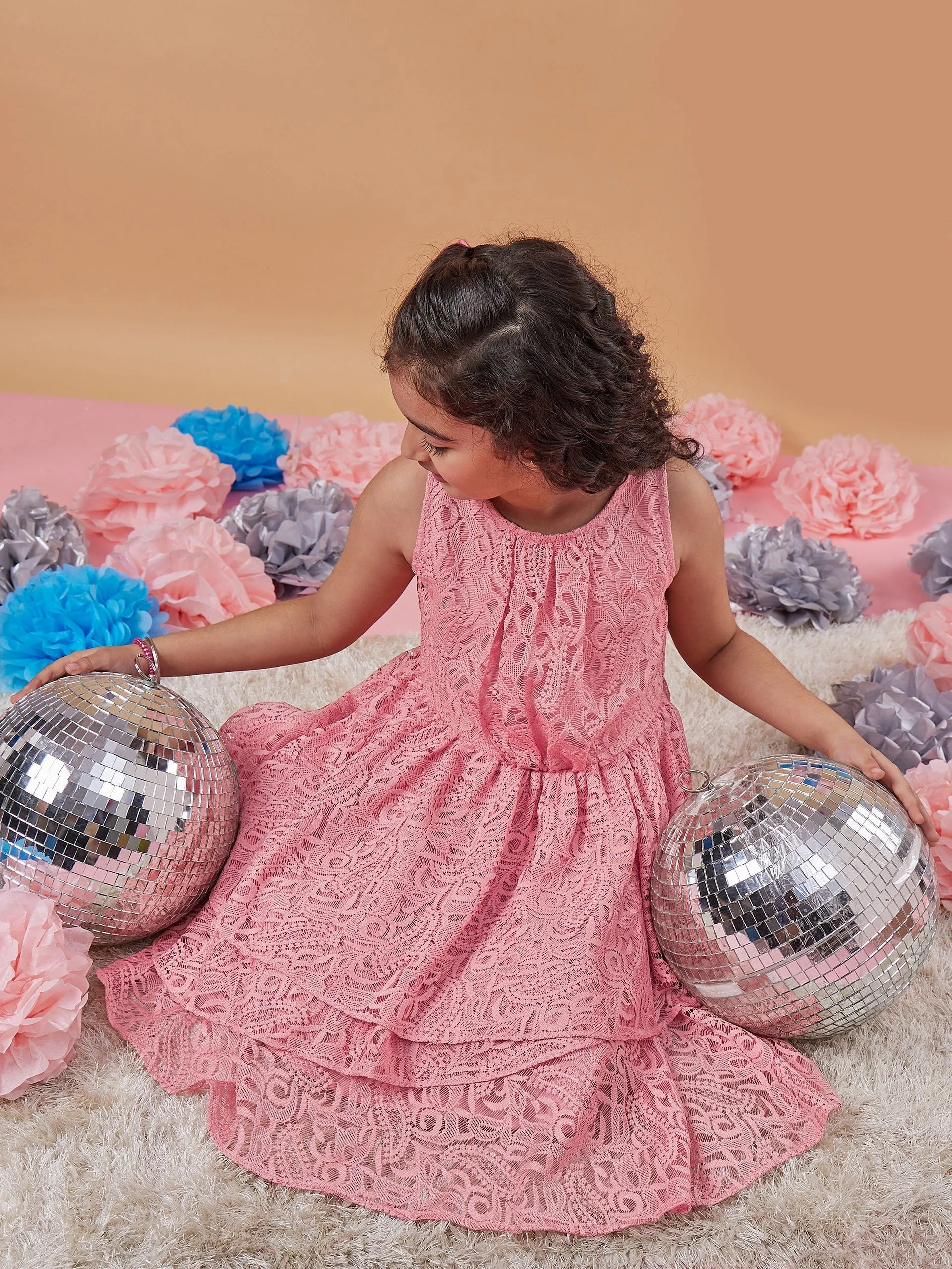 Girls Self Design Round Neck A-Line Dress