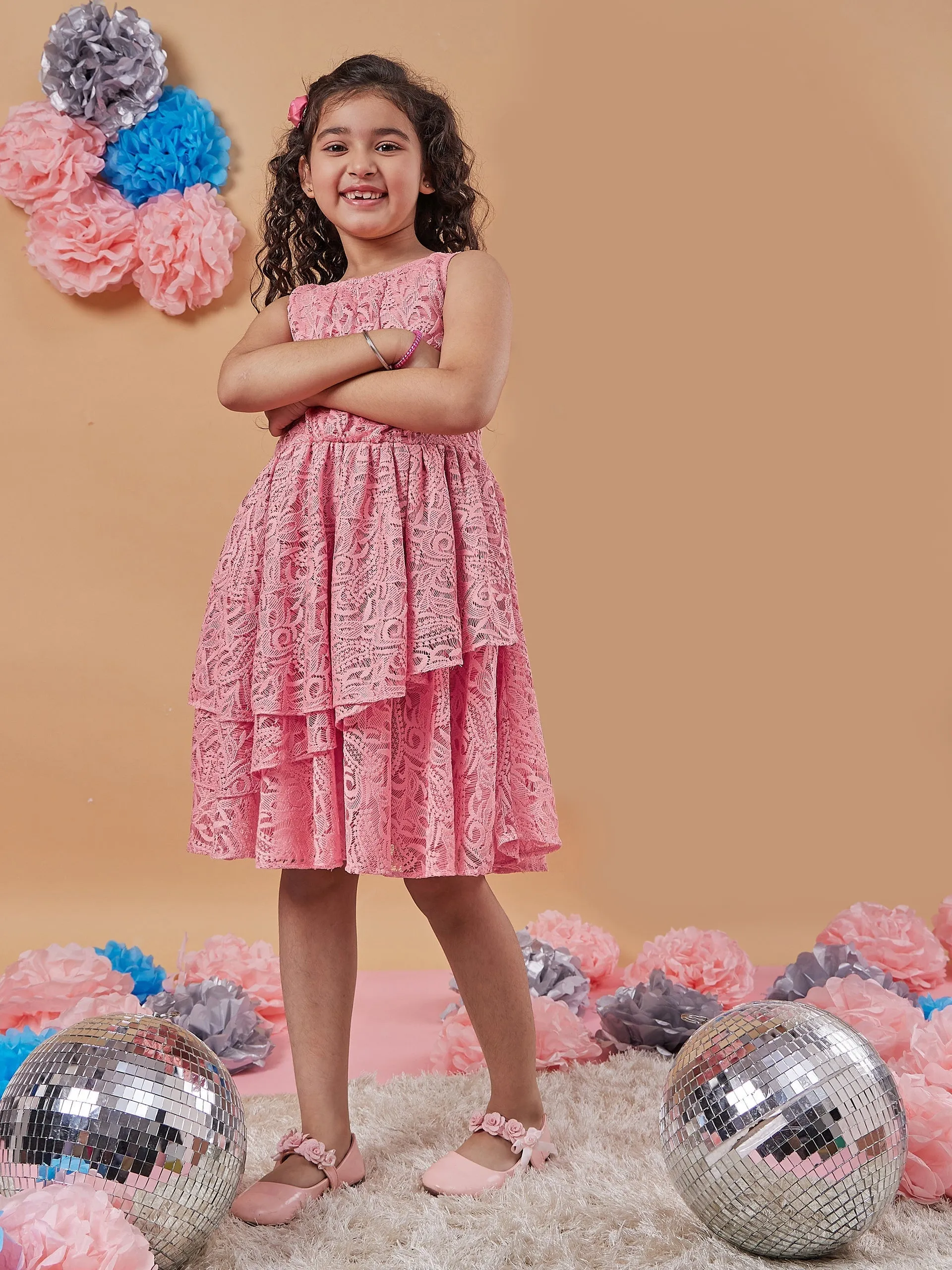Girls Self Design Round Neck A-Line Dress