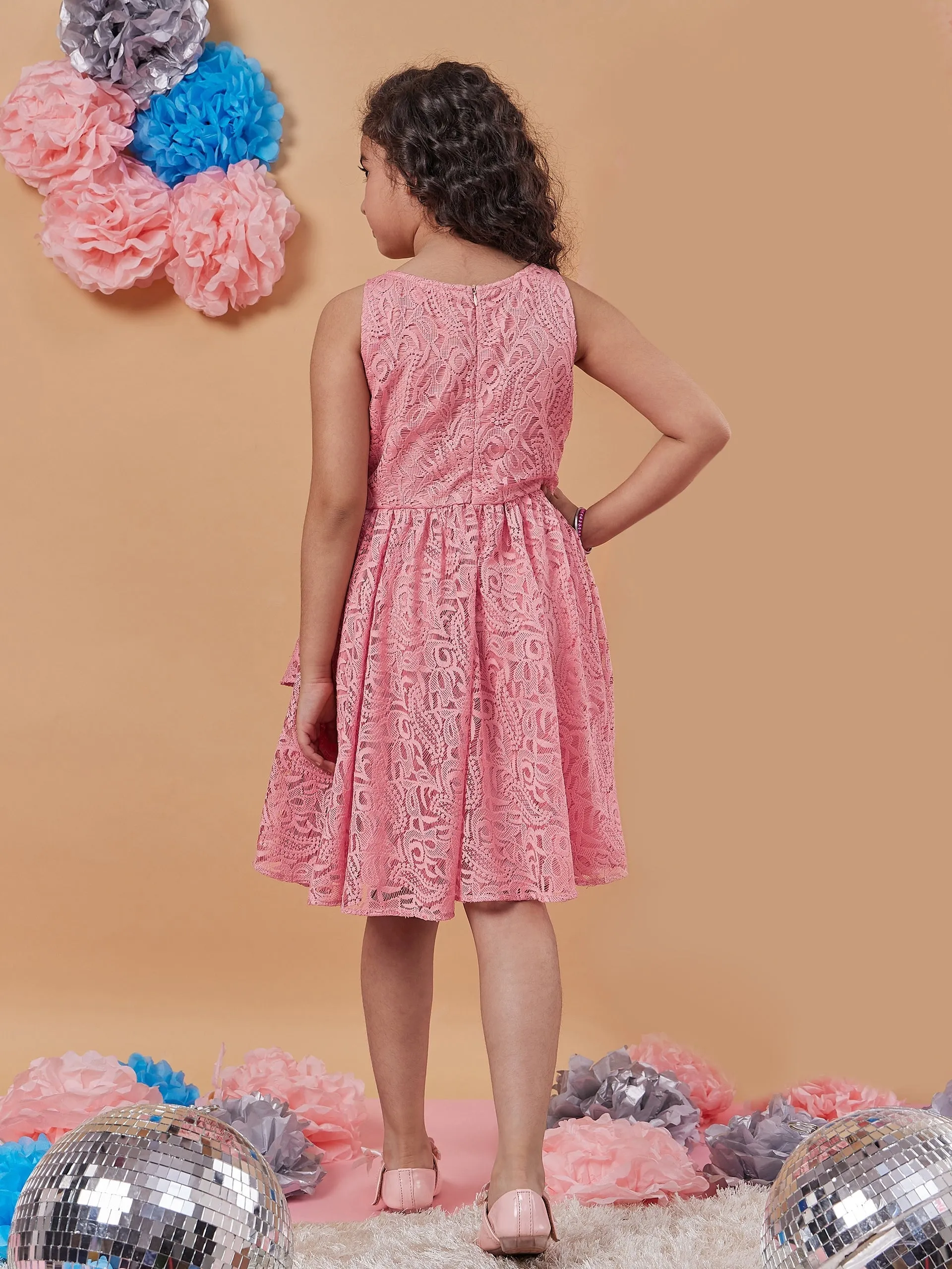 Girls Self Design Round Neck A-Line Dress