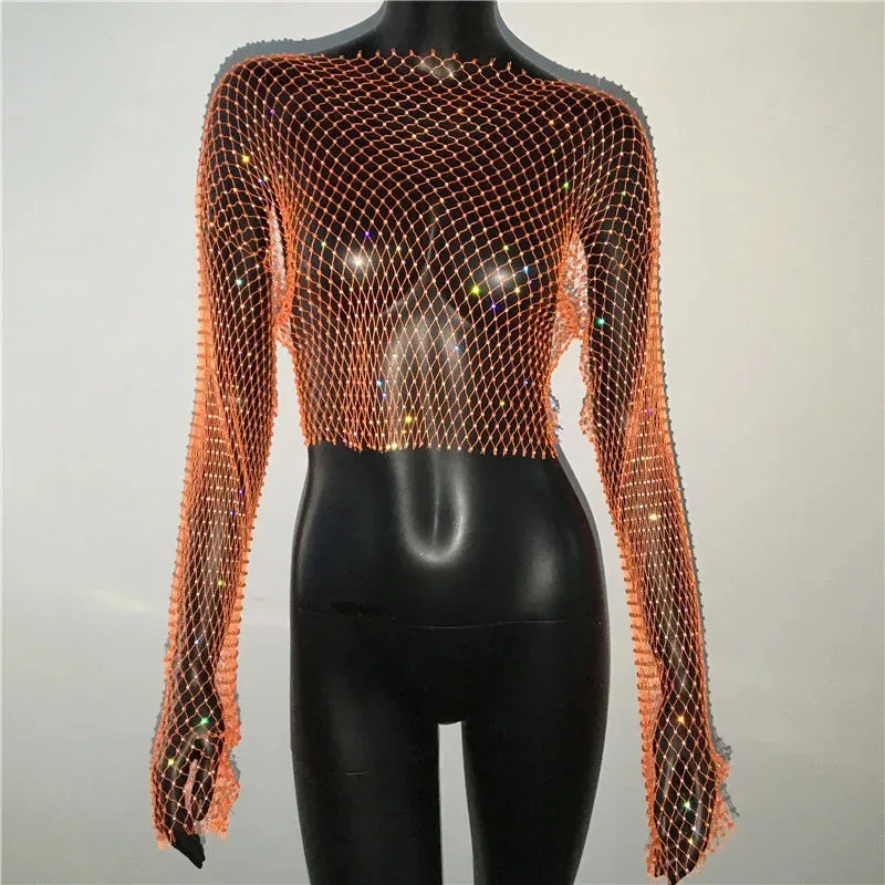 Glitter Rhinestone Fishnet Crop Top – Festival-Ready Sparkle