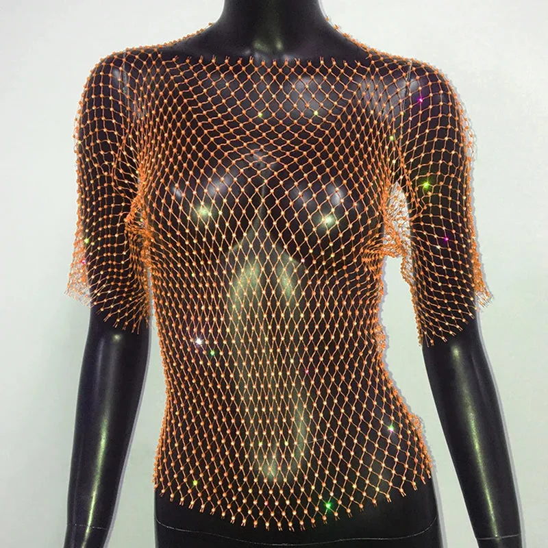 Glitter Rhinestone Fishnet Crop Top – Festival-Ready Sparkle