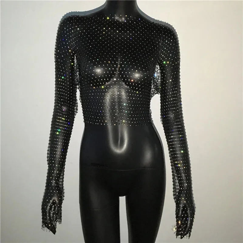 Glitter Rhinestone Fishnet Crop Top – Festival-Ready Sparkle