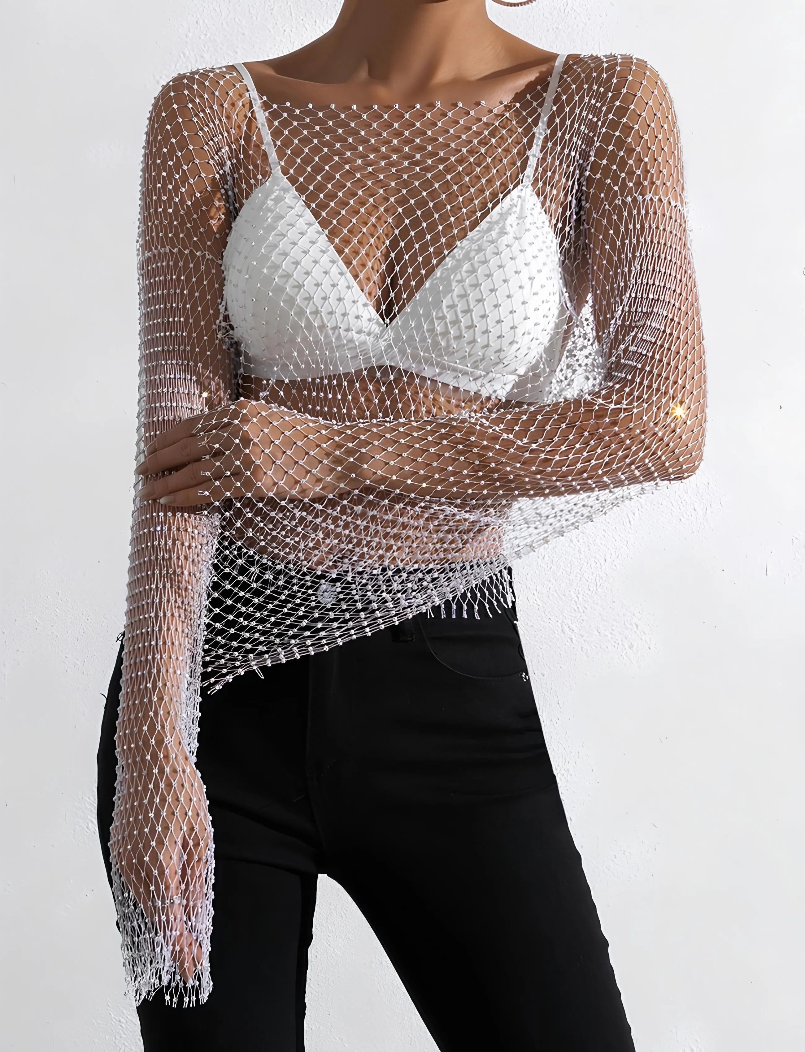 Glitter Rhinestone Fishnet Crop Top – Festival-Ready Sparkle
