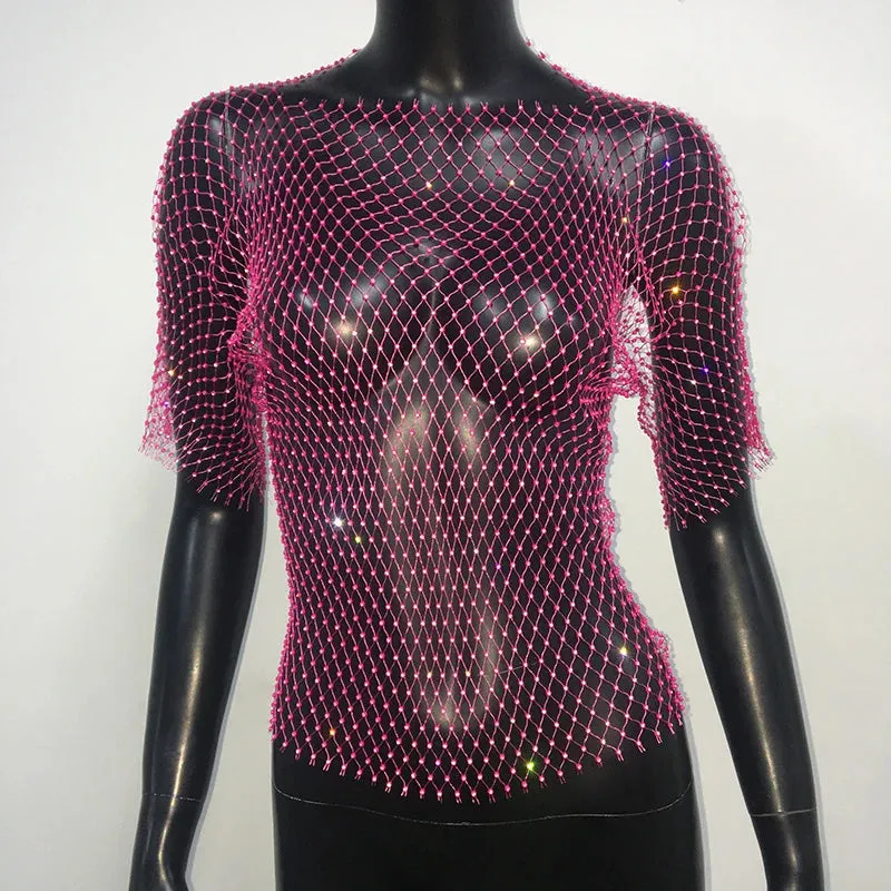 Glitter Rhinestone Fishnet Crop Top – Festival-Ready Sparkle
