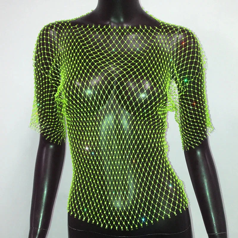 Glitter Rhinestone Fishnet Crop Top – Festival-Ready Sparkle