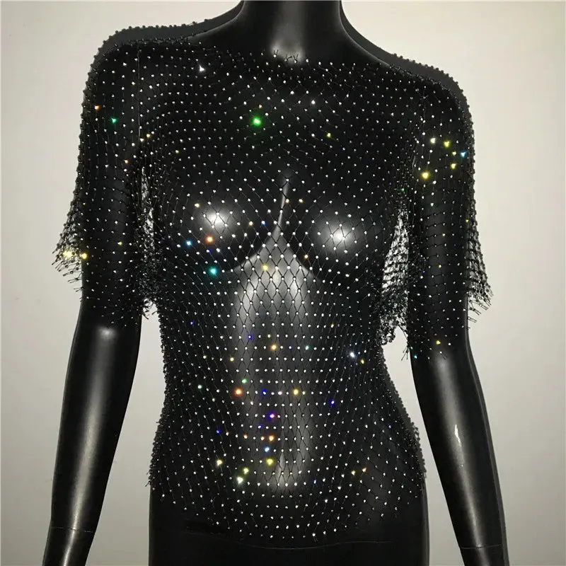 Glitter Rhinestone Fishnet Crop Top – Festival-Ready Sparkle