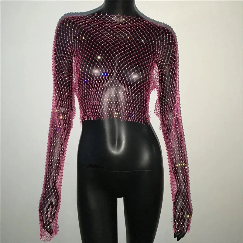 Glitter Rhinestone Fishnet Crop Top – Festival-Ready Sparkle