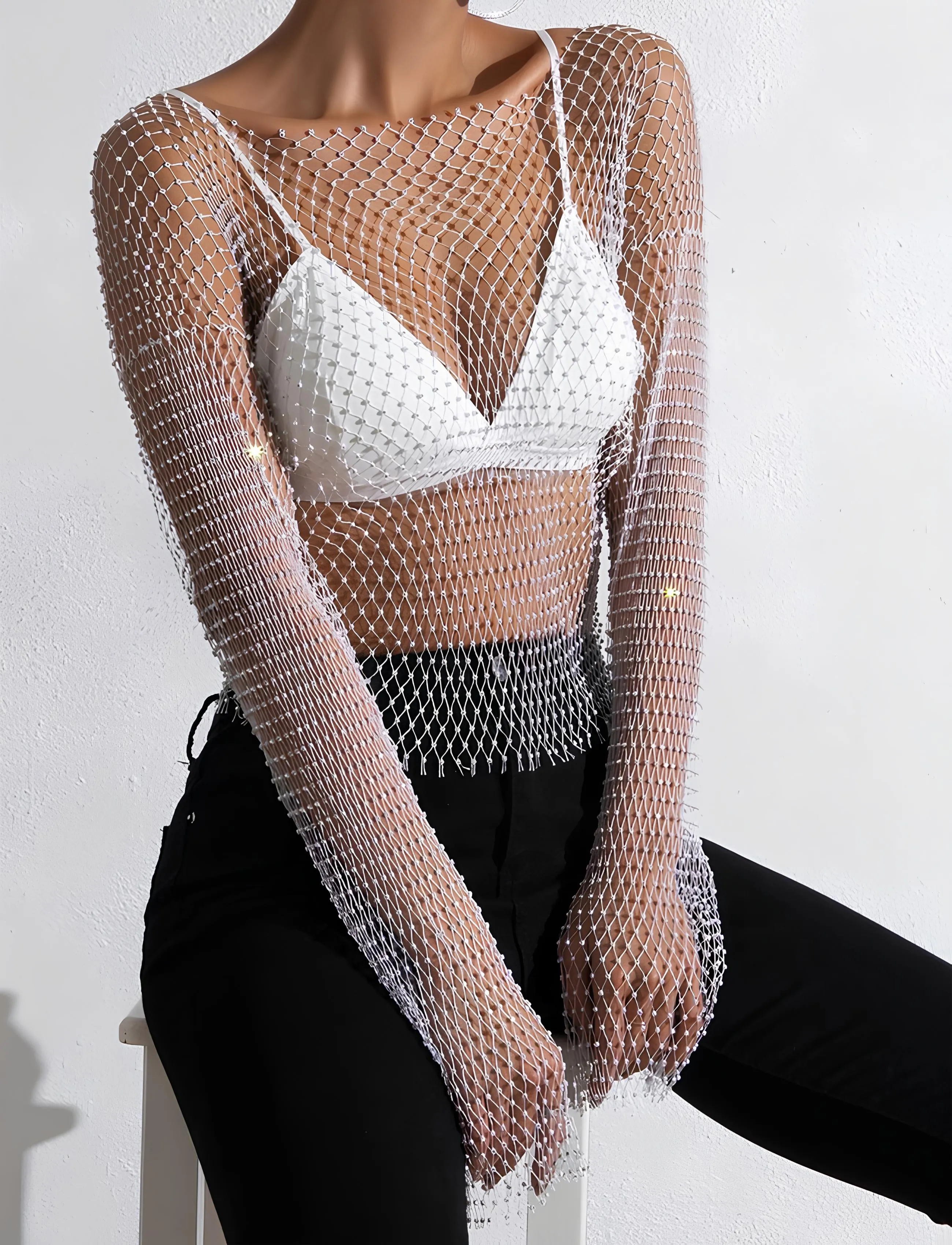Glitter Rhinestone Fishnet Crop Top – Festival-Ready Sparkle