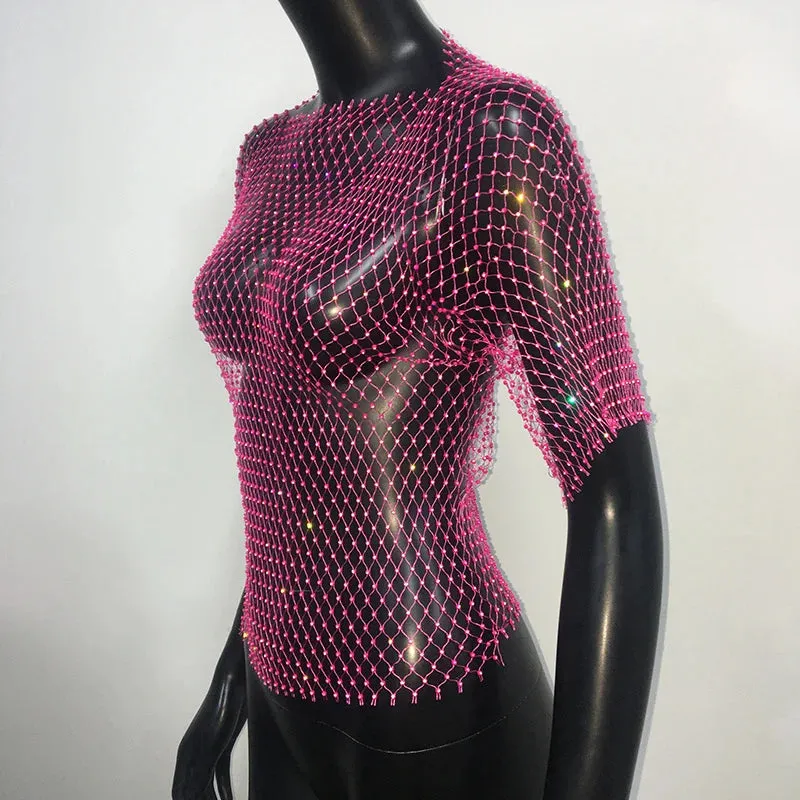 Glitter Rhinestone Fishnet Crop Top – Festival-Ready Sparkle