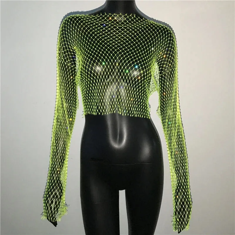 Glitter Rhinestone Fishnet Crop Top – Festival-Ready Sparkle